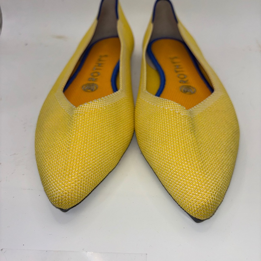 Rothys Pointed Toe Flats Marigold Yellow Knit Blue Trim Womens Size 8.5 Retired